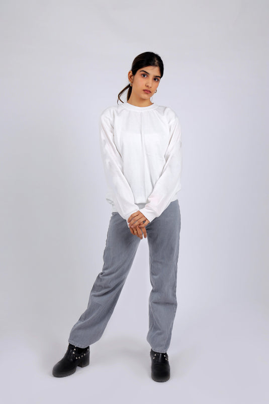 Women White Solid Sweatshirt