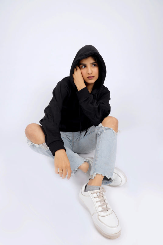 Women Black Solid Hoodie