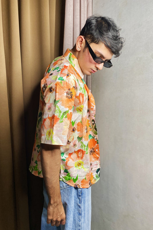 Watercolor Floral Print Oversized Men's Shirt