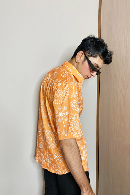 Warli Art Print (Orange) Oversized Men's Shirt