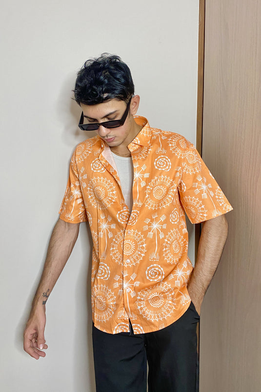 Warli Art Print (Orange) Oversized Men's Shirt