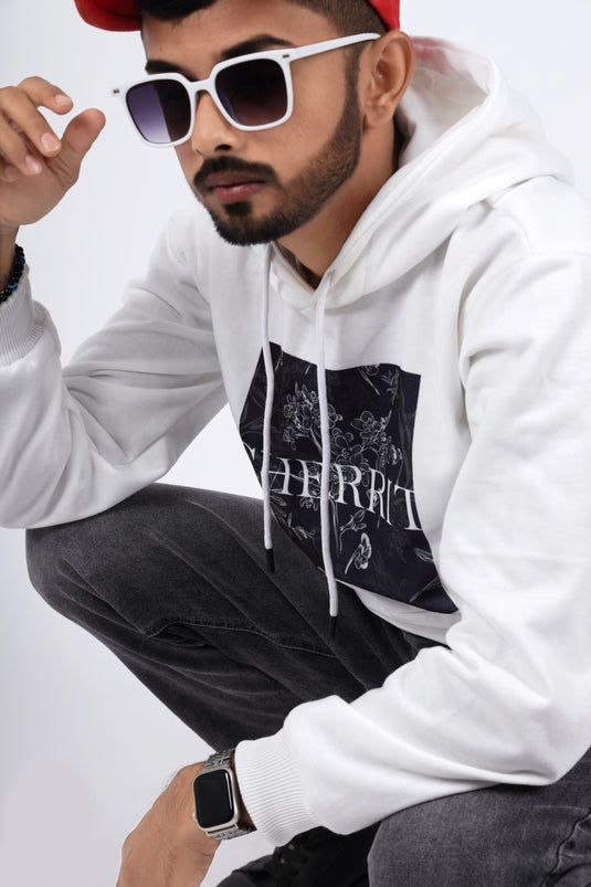 Men White Printed Hoodie