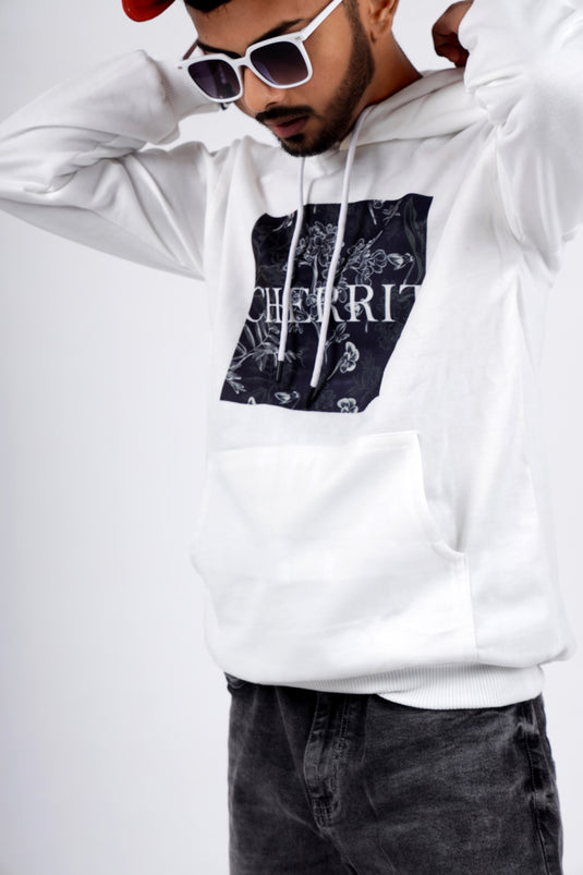 Men White Printed Hoodie