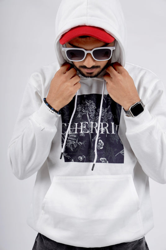 Men White Printed Hoodie