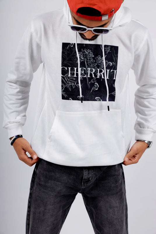 Men White Printed Hoodie