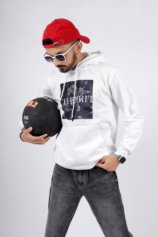 Men White Printed Hoodie