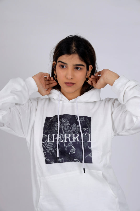 Women White Printed Hoodie