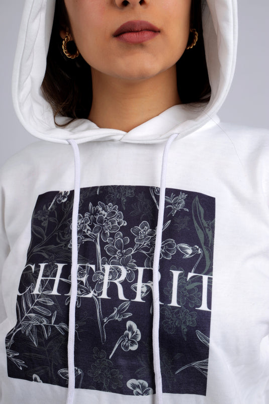 Women White Printed Hoodie