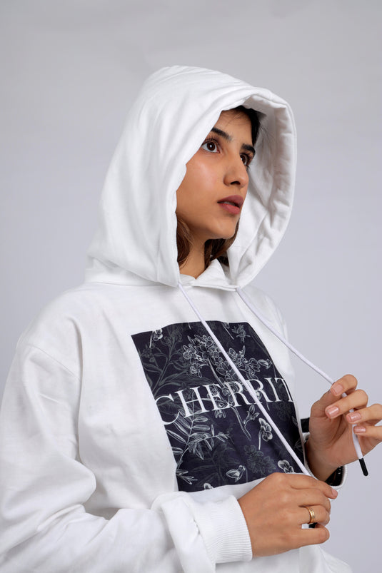 Women White Printed Hoodie