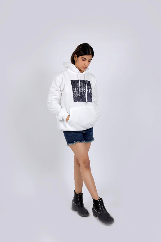 Women White Printed Hoodie