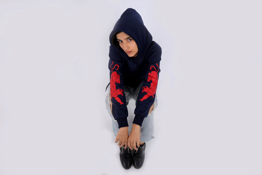 Women Blue Printed Hoodie