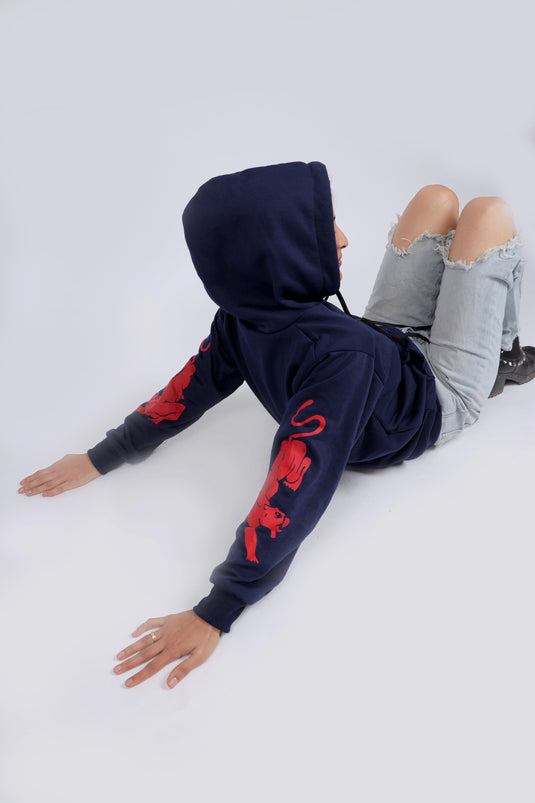 Women Blue Printed Hoodie