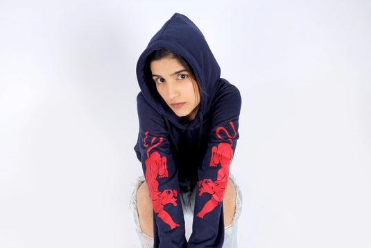 Women Blue Printed Hoodie