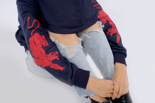 Women Blue Printed Hoodie