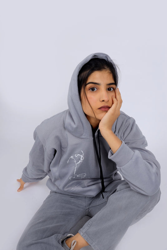 Women Grey Printed Hoodie