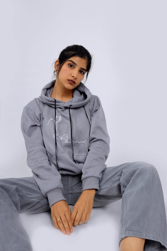 Women Grey Printed Hoodie